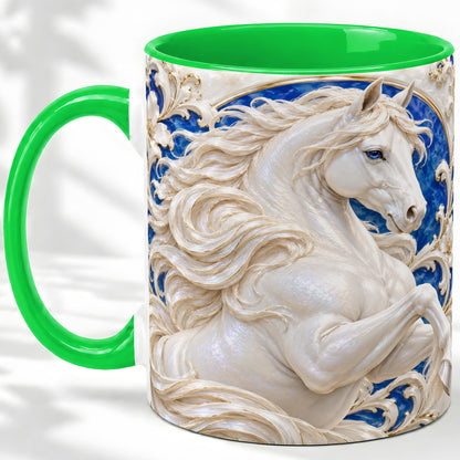 #pl[11oz|Green] White Horse Floral Accent Mug, Ceramic Drinkware for Horse Lovers
