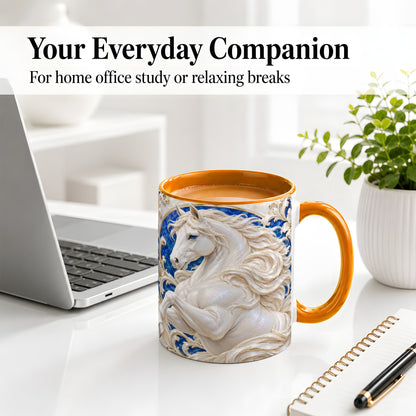 #pl[11oz|Orange] White Horse Floral Accent Mug, Ceramic Drinkware for Horse Lovers