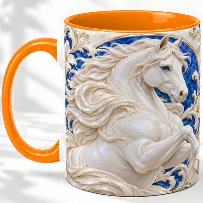 #pl[11oz|Orange] White Horse Floral Accent Mug, Ceramic Drinkware for Horse Lovers