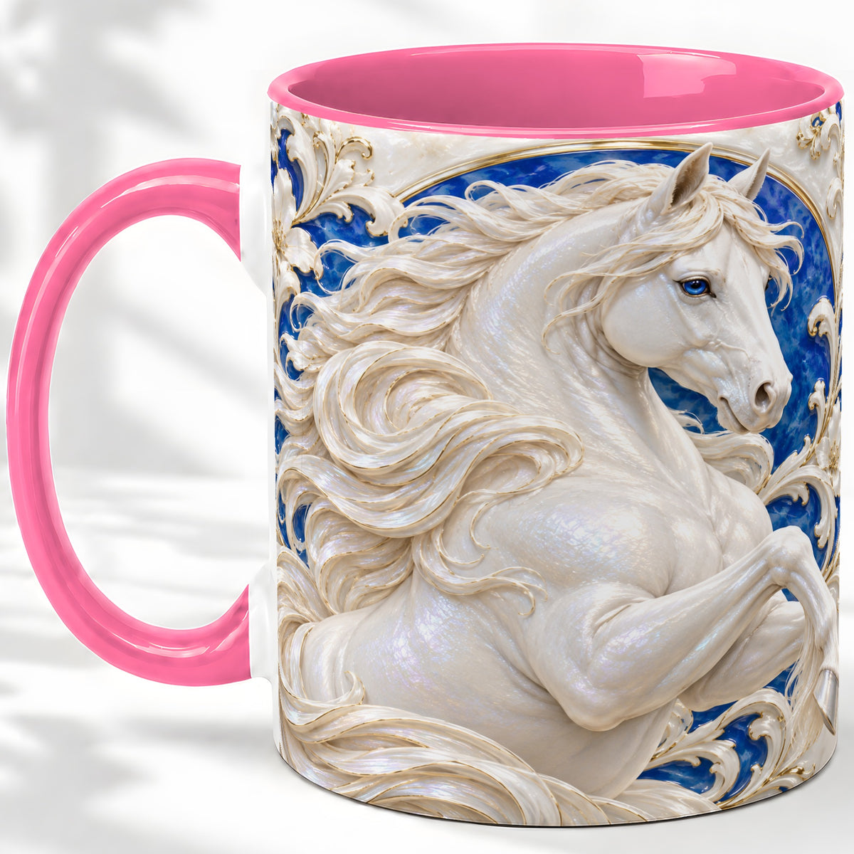 #pl[11oz|Pink] White Horse Floral Accent Mug, Ceramic Drinkware for Horse Lovers