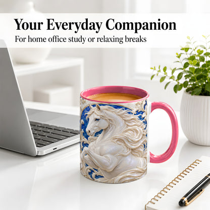 #pl[11oz|Pink] White Horse Floral Accent Mug, Ceramic Drinkware for Horse Lovers