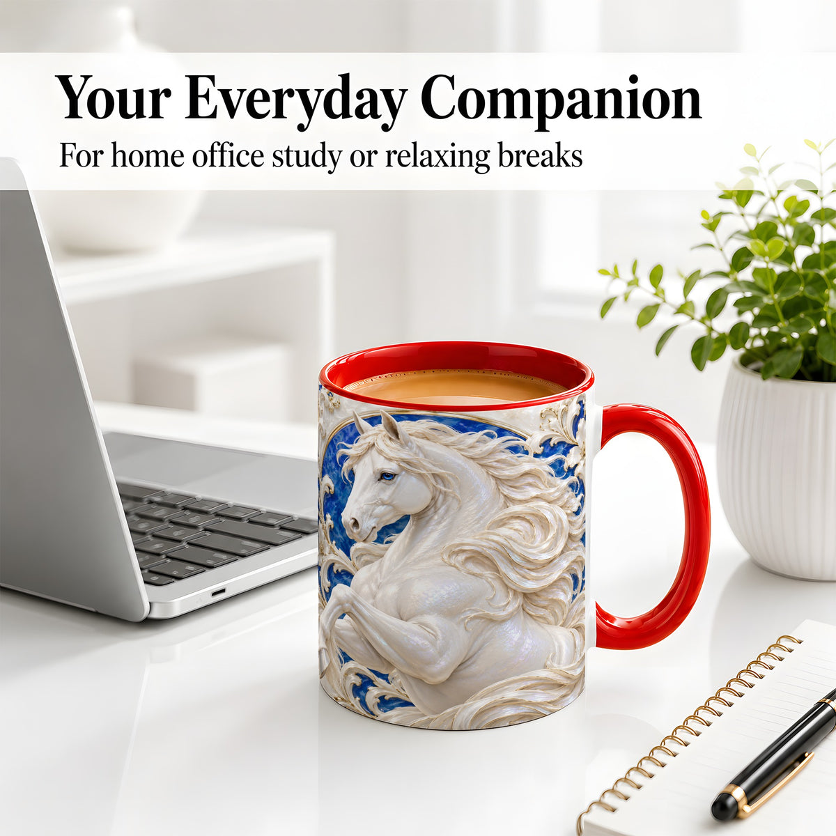 #pl[11oz|Red] White Horse Floral Accent Mug, Ceramic Drinkware for Horse Lovers