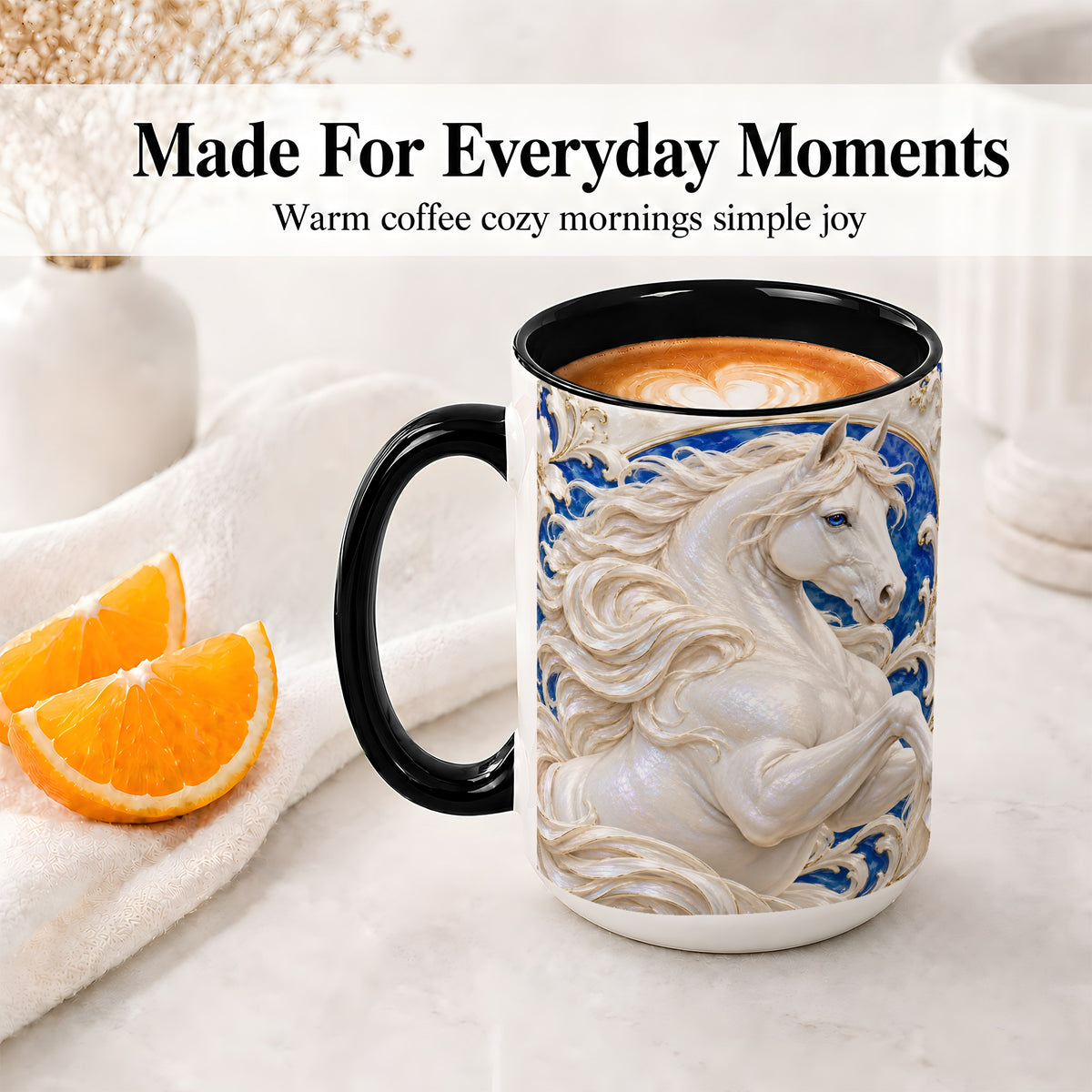 #pl[15oz|Black] White Horse Floral Accent Mug, Ceramic Drinkware for Horse Lovers