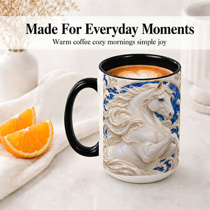 #pl[15oz|Black] White Horse Floral Accent Mug, Ceramic Drinkware for Horse Lovers