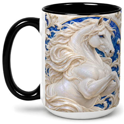 #pl[15oz|Black] White Horse Floral Accent Mug, Ceramic Drinkware for Horse Lovers