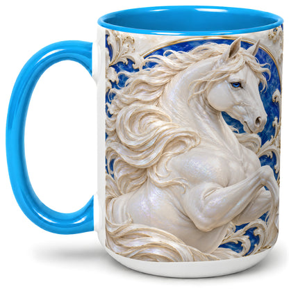 #pl[15oz|Blue] White Horse Floral Accent Mug, Ceramic Drinkware for Horse Lovers