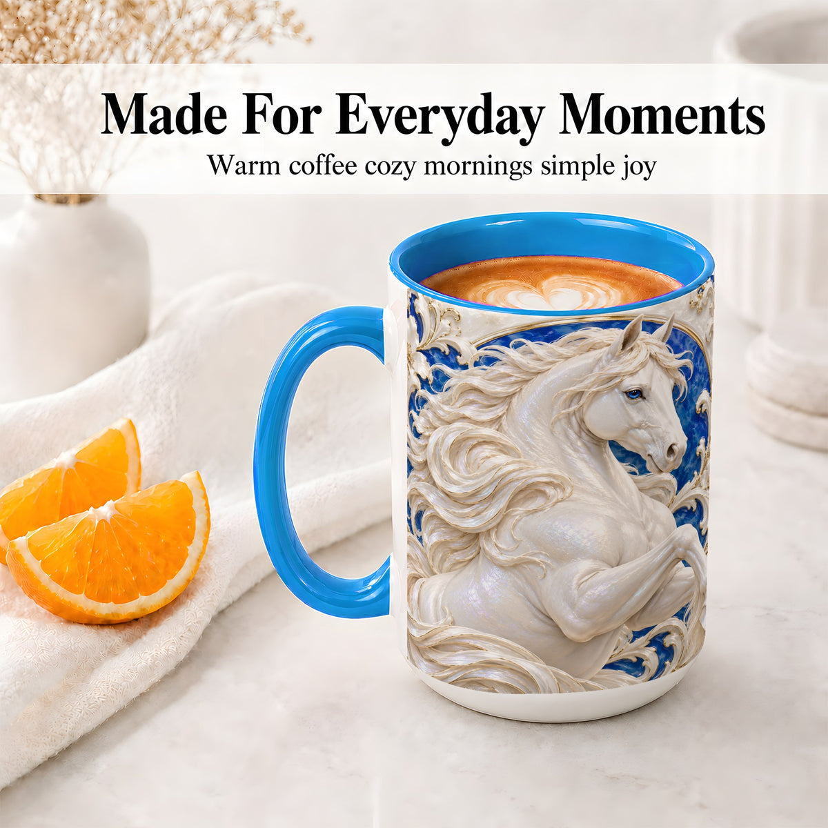 #pl[15oz|Blue] White Horse Floral Accent Mug, Ceramic Drinkware for Horse Lovers