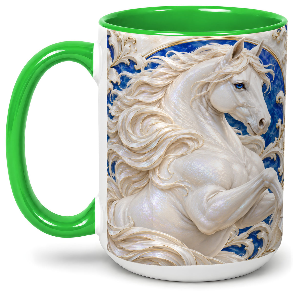 #pl[15oz|Green] White Horse Floral Accent Mug, Ceramic Drinkware for Horse Lovers