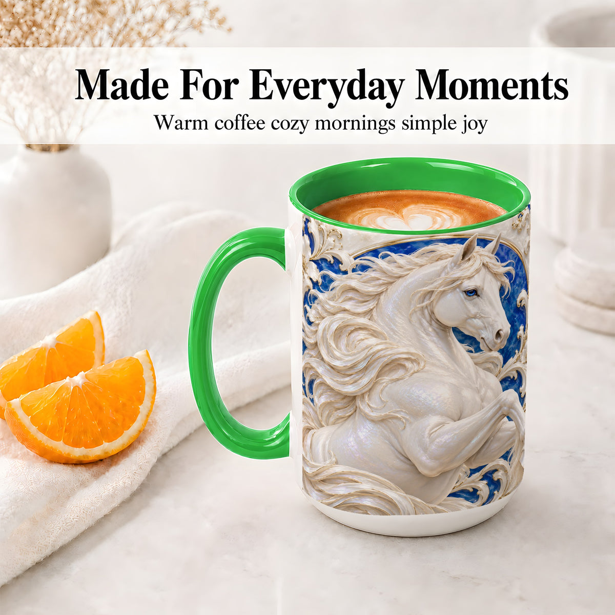 #pl[15oz|Green] White Horse Floral Accent Mug, Ceramic Drinkware for Horse Lovers