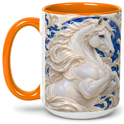 #pl[15oz|Orange] White Horse Floral Accent Mug, Ceramic Drinkware for Horse Lovers