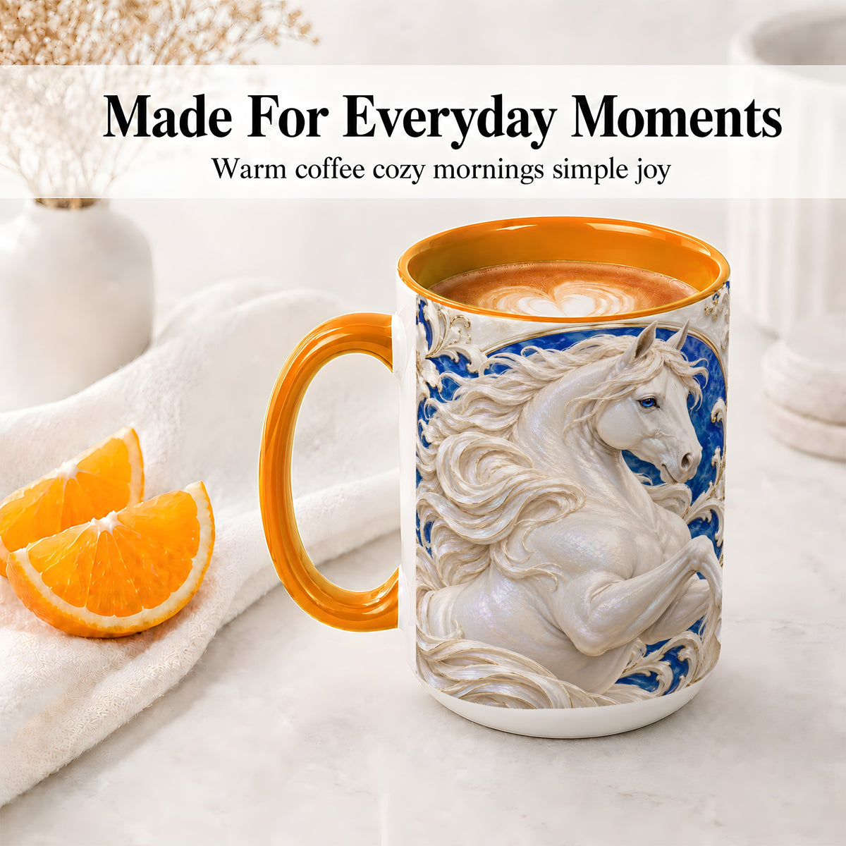 #pl[15oz|Orange] White Horse Floral Accent Mug, Ceramic Drinkware for Horse Lovers