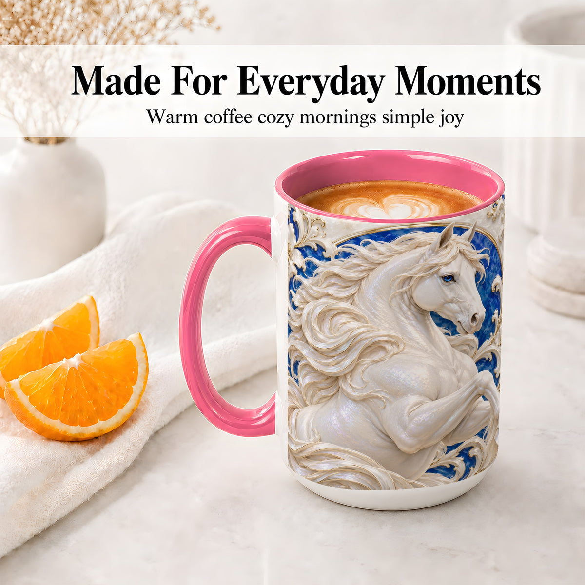 #pl[15oz|Pink] White Horse Floral Accent Mug, Ceramic Drinkware for Horse Lovers