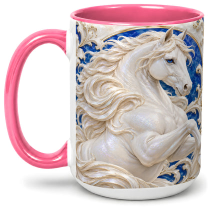 #pl[15oz|Pink] White Horse Floral Accent Mug, Ceramic Drinkware for Horse Lovers
