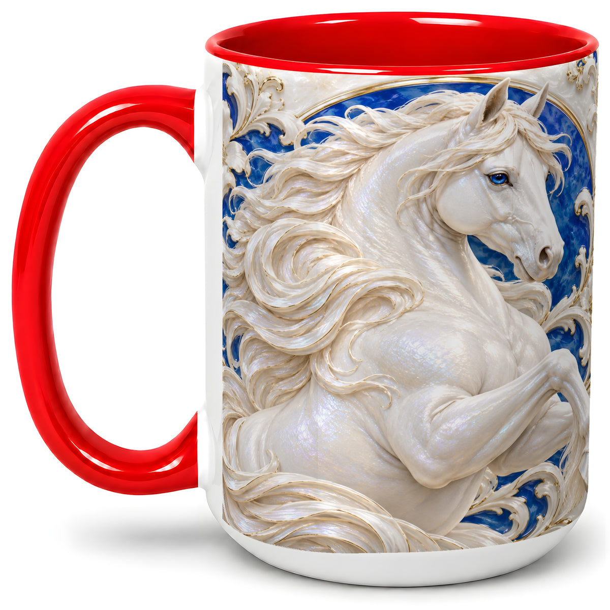#pl[15oz|Red] White Horse Floral Accent Mug, Ceramic Drinkware for Horse Lovers