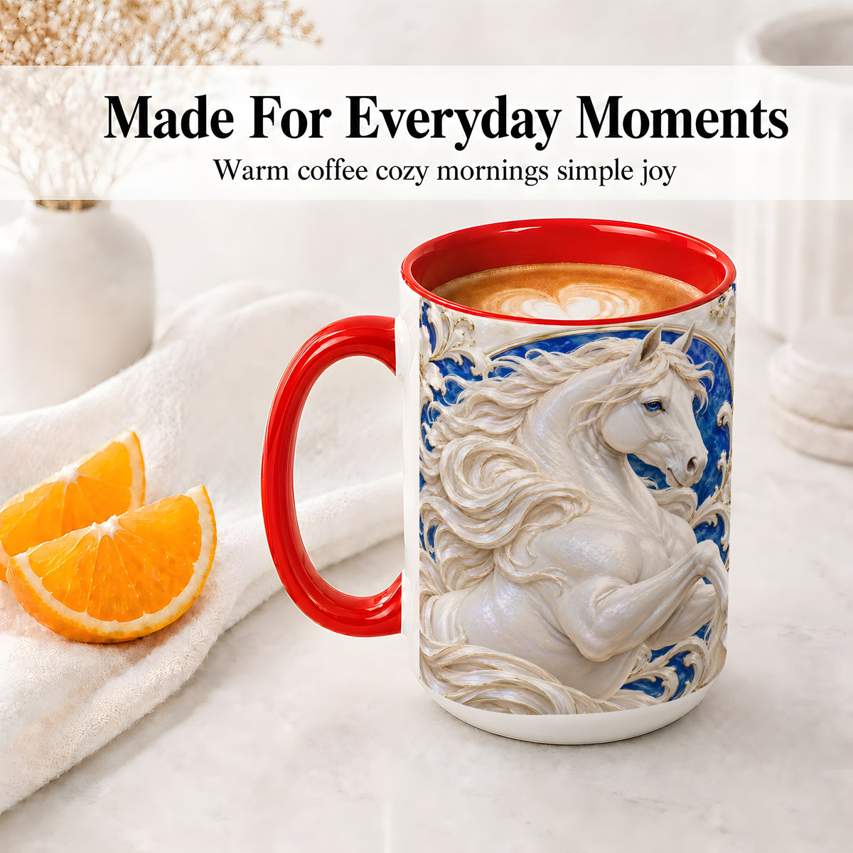 #pl[15oz|Red] White Horse Floral Accent Mug, Ceramic Drinkware for Horse Lovers