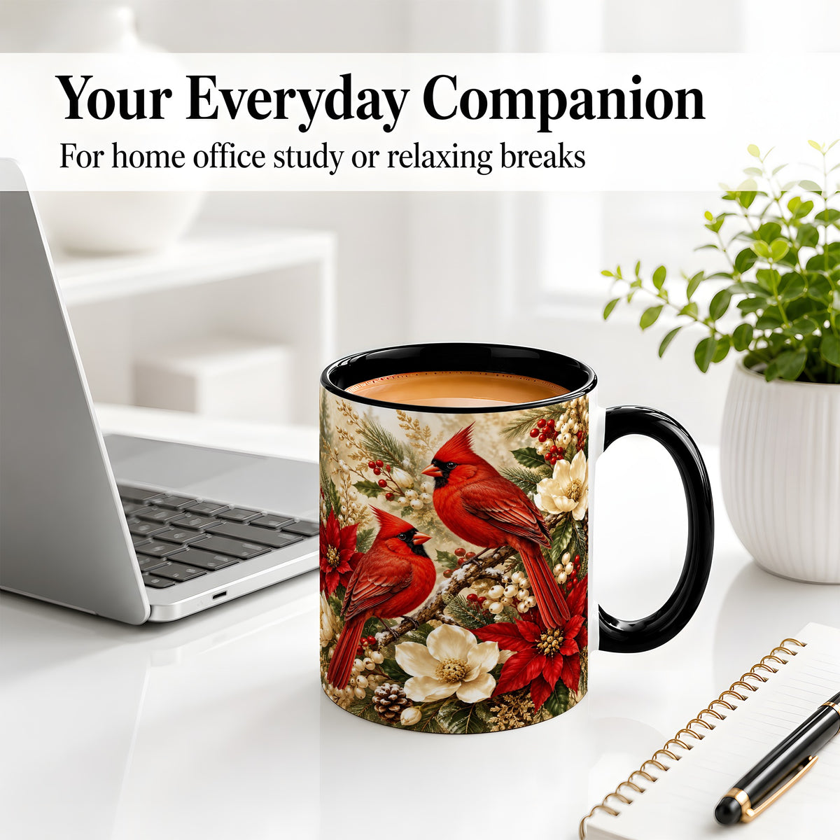 #pl[11oz|Black] Winter Cardinal Accent Mug, Ceramic Drinkware for Bird Lovers