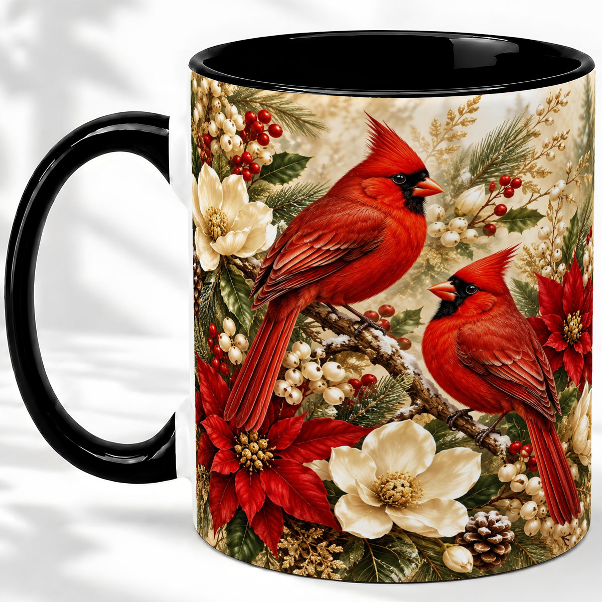 #pl[11oz|Black] Winter Cardinal Accent Mug, Ceramic Drinkware for Bird Lovers