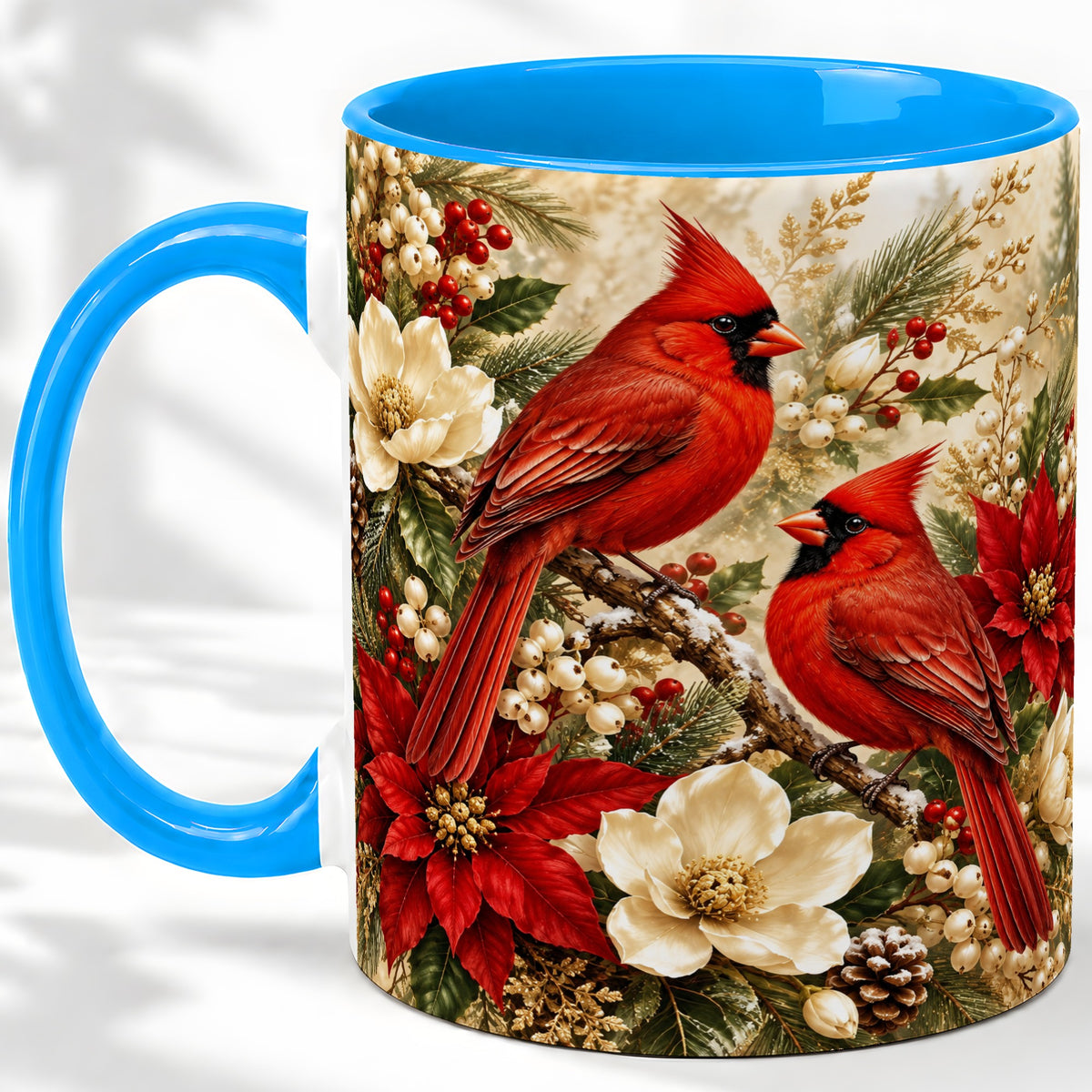 #pl[11oz|Blue] Winter Cardinal Accent Mug, Ceramic Drinkware for Bird Lovers
