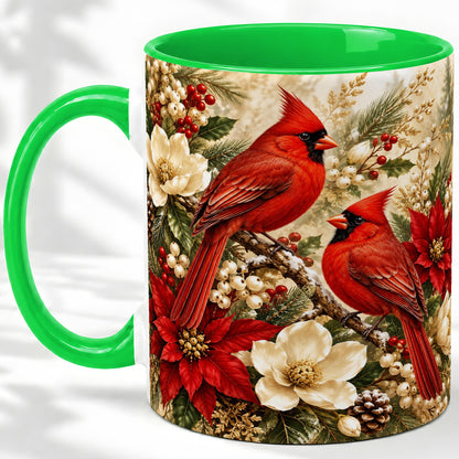 #pl[11oz|Green] Winter Cardinal Accent Mug, Ceramic Drinkware for Bird Lovers