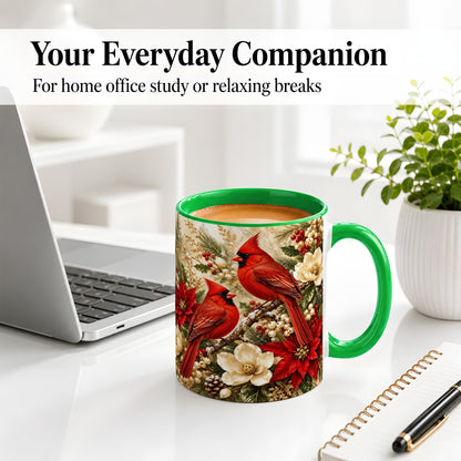 #pl[11oz|Green] Winter Cardinal Accent Mug, Ceramic Drinkware for Bird Lovers