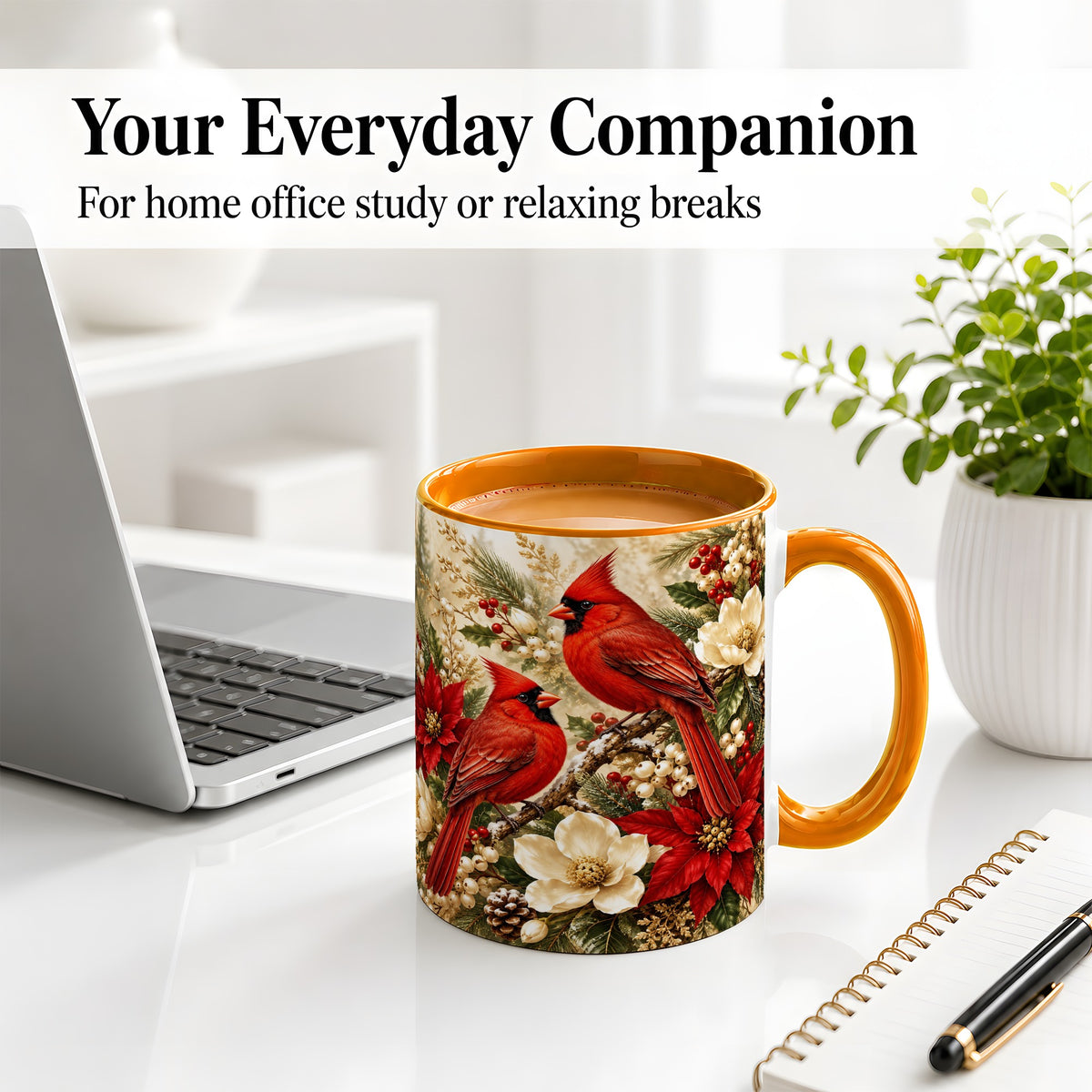 #pl[11oz|Orange] Winter Cardinal Accent Mug, Ceramic Drinkware for Bird Lovers
