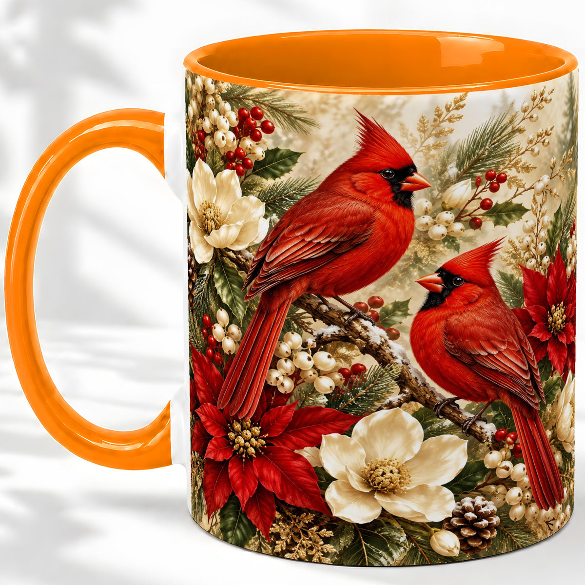 #pl[11oz|Orange] Winter Cardinal Accent Mug, Ceramic Drinkware for Bird Lovers