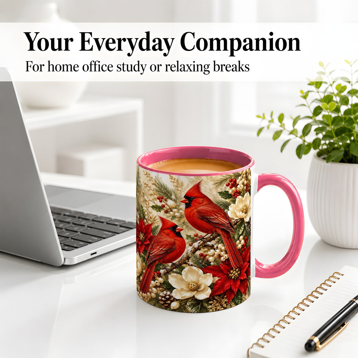#pl[11oz|Pink] Winter Cardinal Accent Mug, Ceramic Drinkware for Bird Lovers