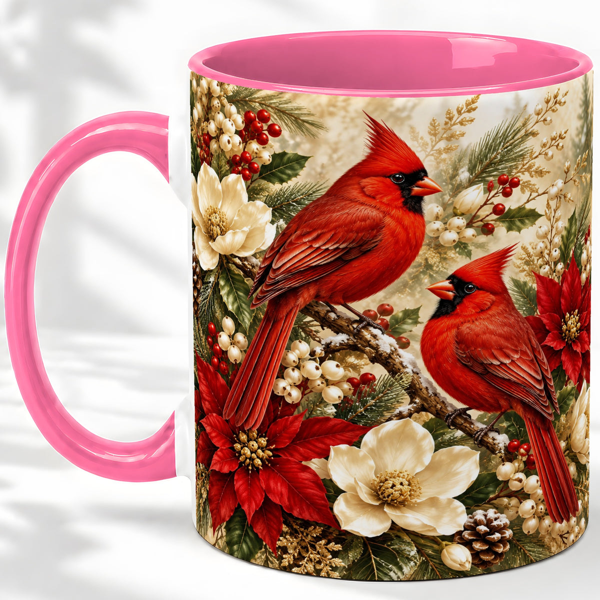 #pl[11oz|Pink] Winter Cardinal Accent Mug, Ceramic Drinkware for Bird Lovers