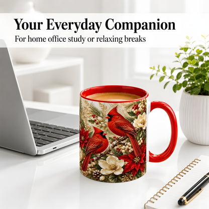 #pl[11oz|Red] Winter Cardinal Accent Mug, Ceramic Drinkware for Bird Lovers