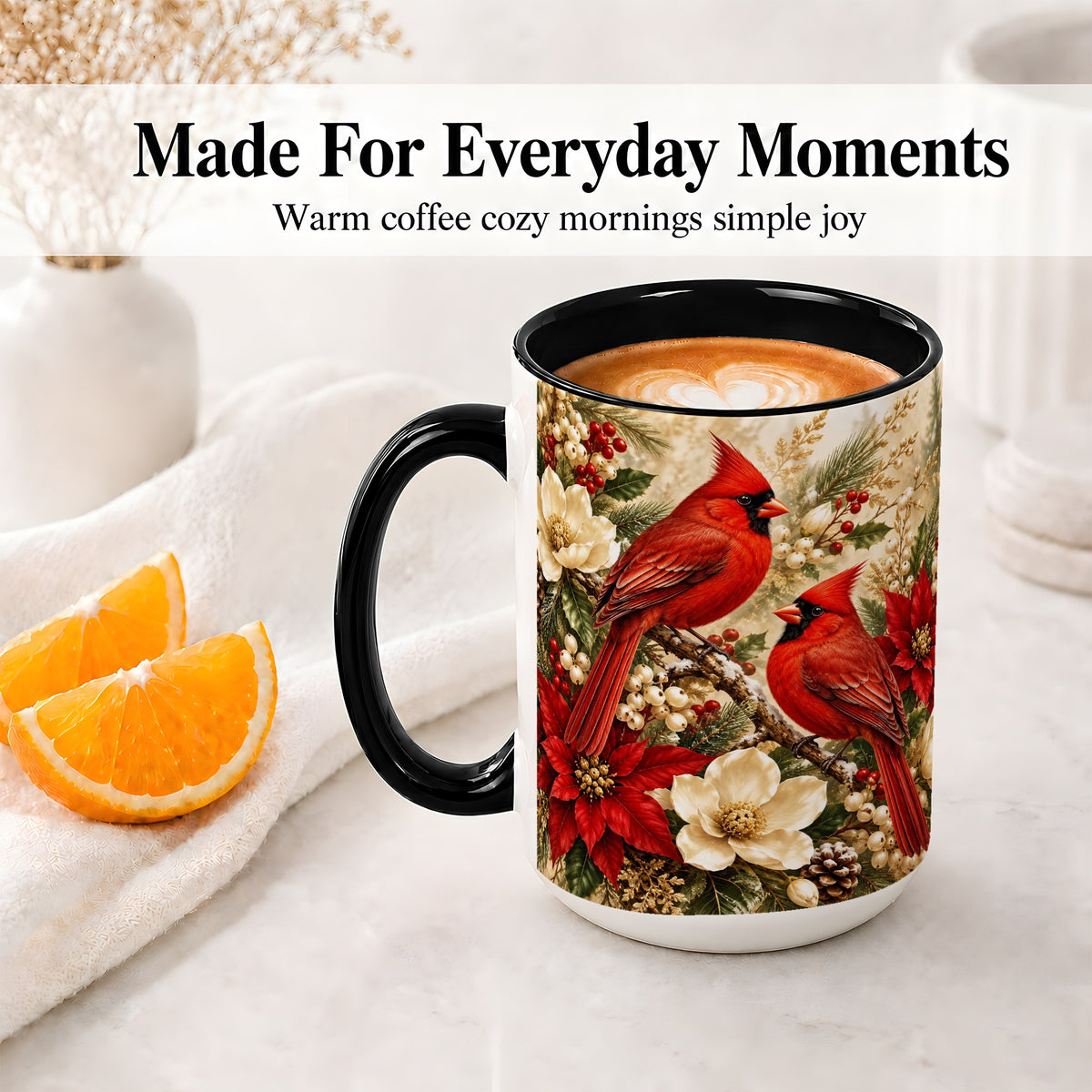 #pl[15oz|Black] Winter Cardinal Accent Mug, Ceramic Drinkware for Bird Lovers