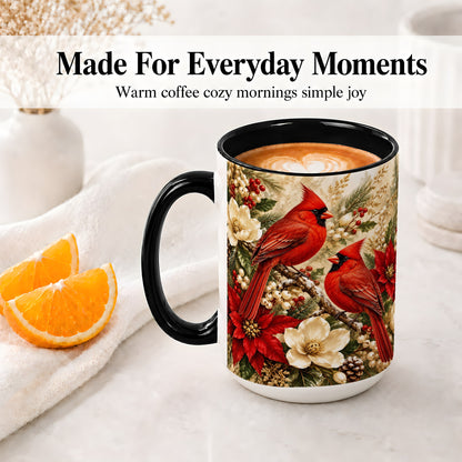 #pl[15oz|Black] Winter Cardinal Accent Mug, Ceramic Drinkware for Bird Lovers