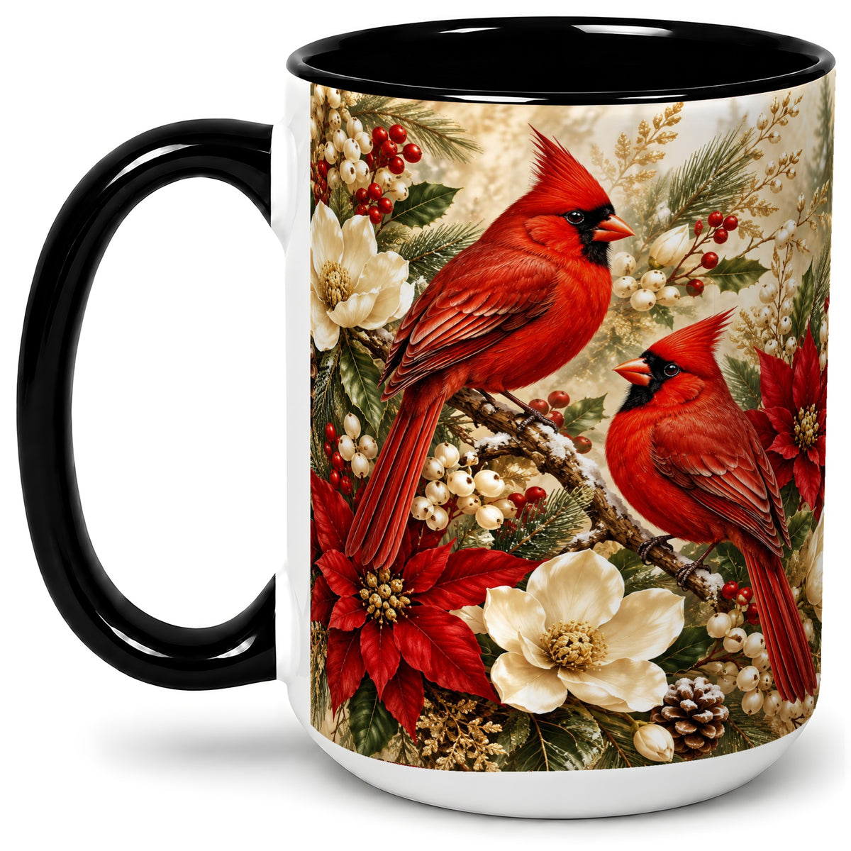 #pl[15oz|Black] Winter Cardinal Accent Mug, Ceramic Drinkware for Bird Lovers
