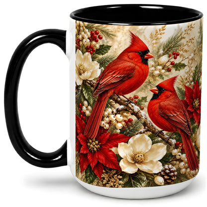 #pl[15oz|Black] Winter Cardinal Accent Mug, Ceramic Drinkware for Bird Lovers