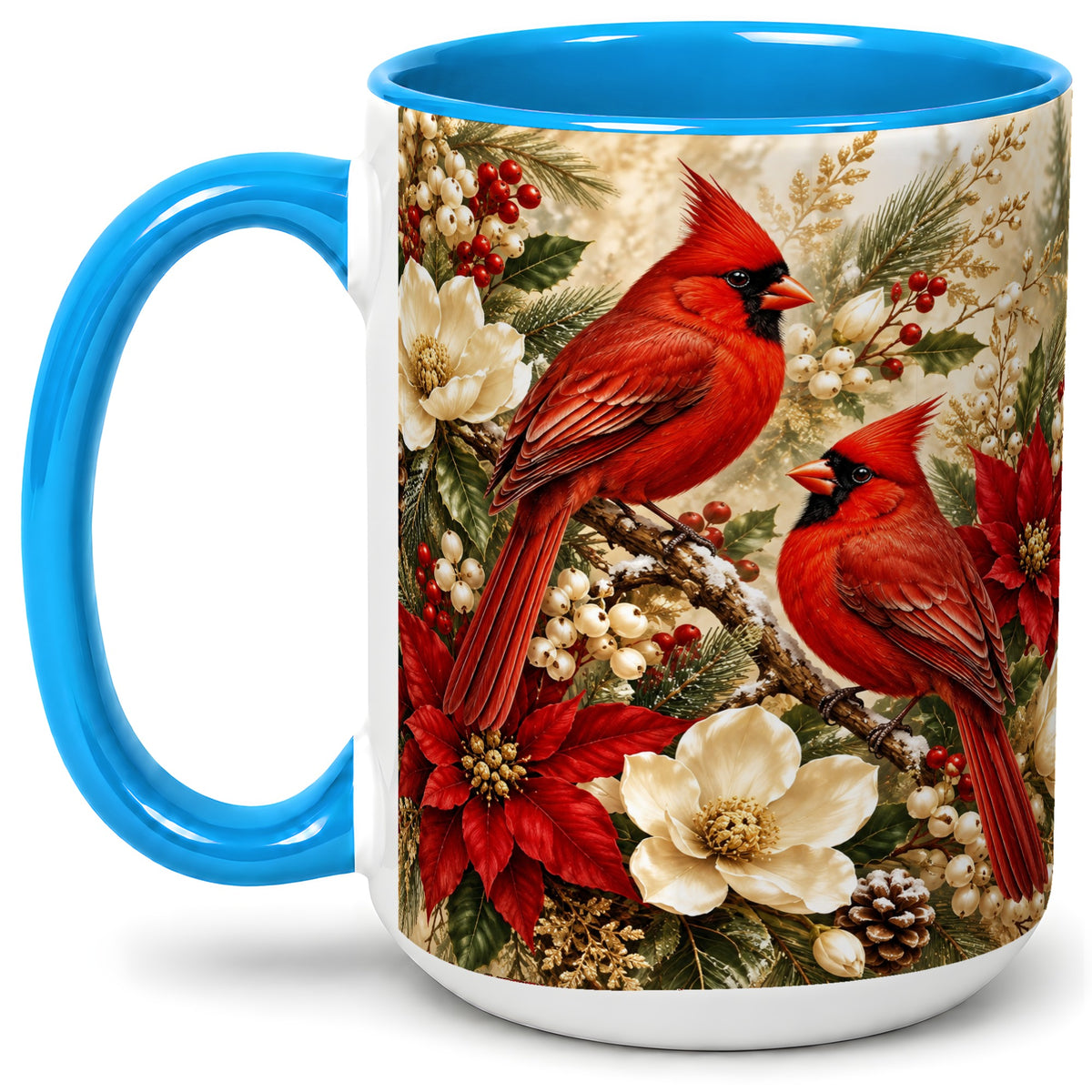 #pl[15oz|Blue] Winter Cardinal Accent Mug, Ceramic Drinkware for Bird Lovers