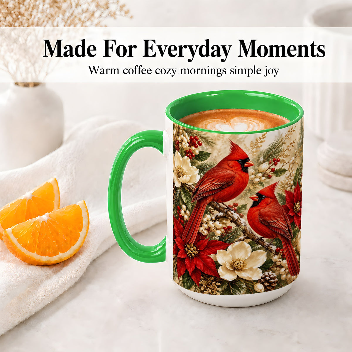 #pl[15oz|Green] Winter Cardinal Accent Mug, Ceramic Drinkware for Bird Lovers