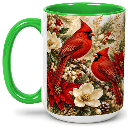 #pl[15oz|Green] Winter Cardinal Accent Mug, Ceramic Drinkware for Bird Lovers