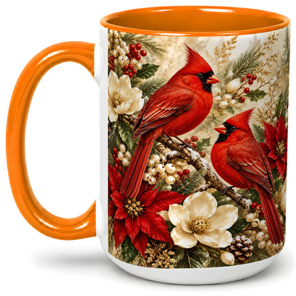 #pl[15oz|Orange] Winter Cardinal Accent Mug, Ceramic Drinkware for Bird Lovers