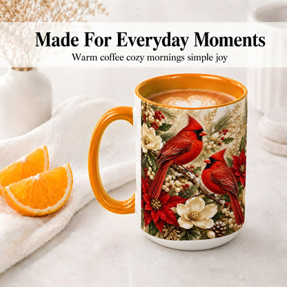 #pl[15oz|Orange] Winter Cardinal Accent Mug, Ceramic Drinkware for Bird Lovers