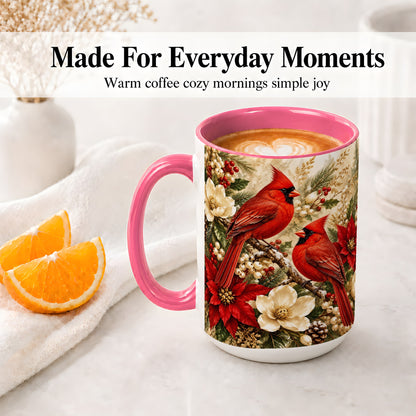 #pl[15oz|Pink] Winter Cardinal Accent Mug, Ceramic Drinkware for Bird Lovers