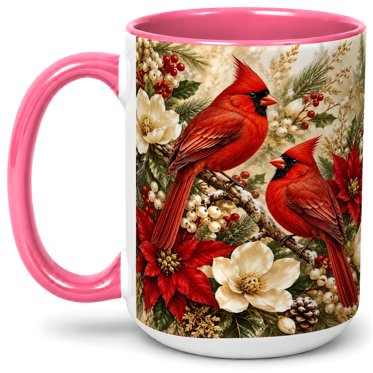 #pl[15oz|Pink] Winter Cardinal Accent Mug, Ceramic Drinkware for Bird Lovers