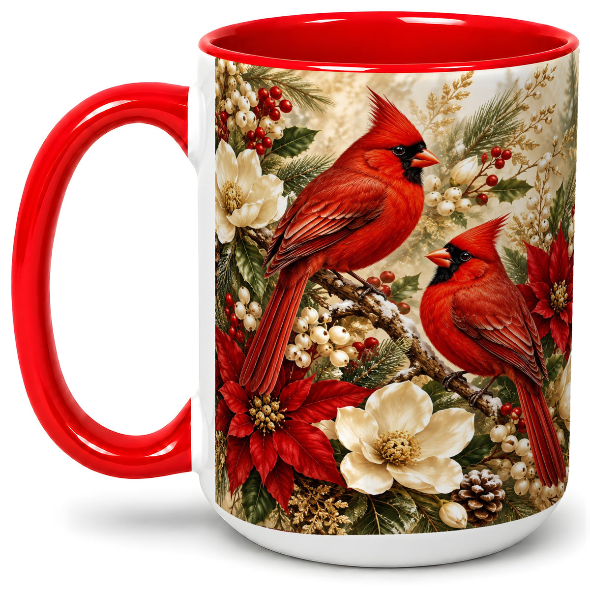 #pl[15oz|Red] Winter Cardinal Accent Mug, Ceramic Drinkware for Bird Lovers