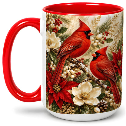 #pl[15oz|Red] Winter Cardinal Accent Mug, Ceramic Drinkware for Bird Lovers