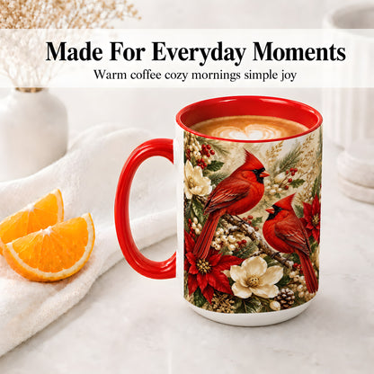 #pl[15oz|Red] Winter Cardinal Accent Mug, Ceramic Drinkware for Bird Lovers