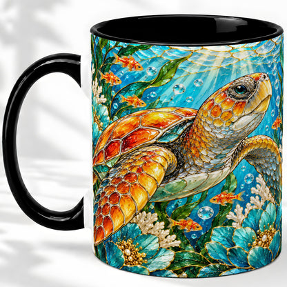 #pl[11oz|Black] Sea Turtle Floral Accent Mug, Ceramic Drinkware for Turtle Lovers