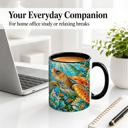#pl[11oz|Black] Sea Turtle Floral Accent Mug, Ceramic Drinkware for Turtle Lovers