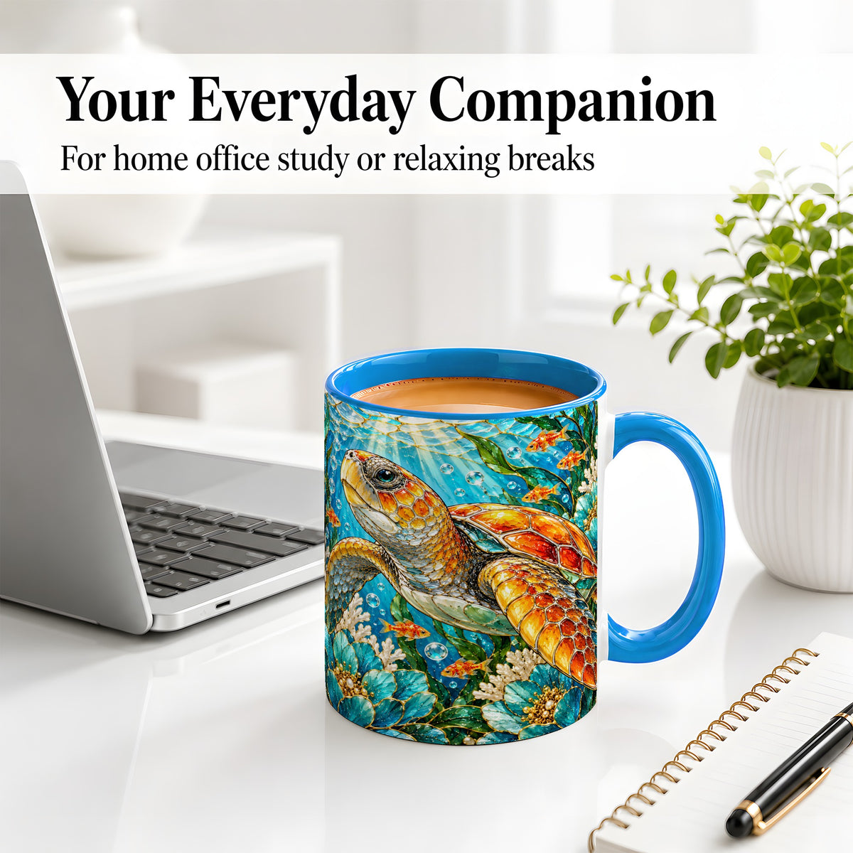 #pl[11oz|Blue] Sea Turtle Floral Accent Mug, Ceramic Drinkware for Turtle Lovers