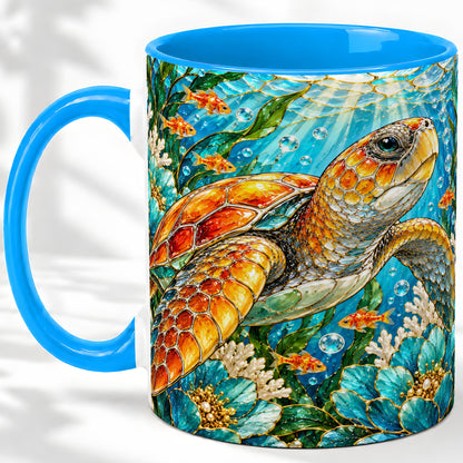 #pl[11oz|Blue] Sea Turtle Floral Accent Mug, Ceramic Drinkware for Turtle Lovers