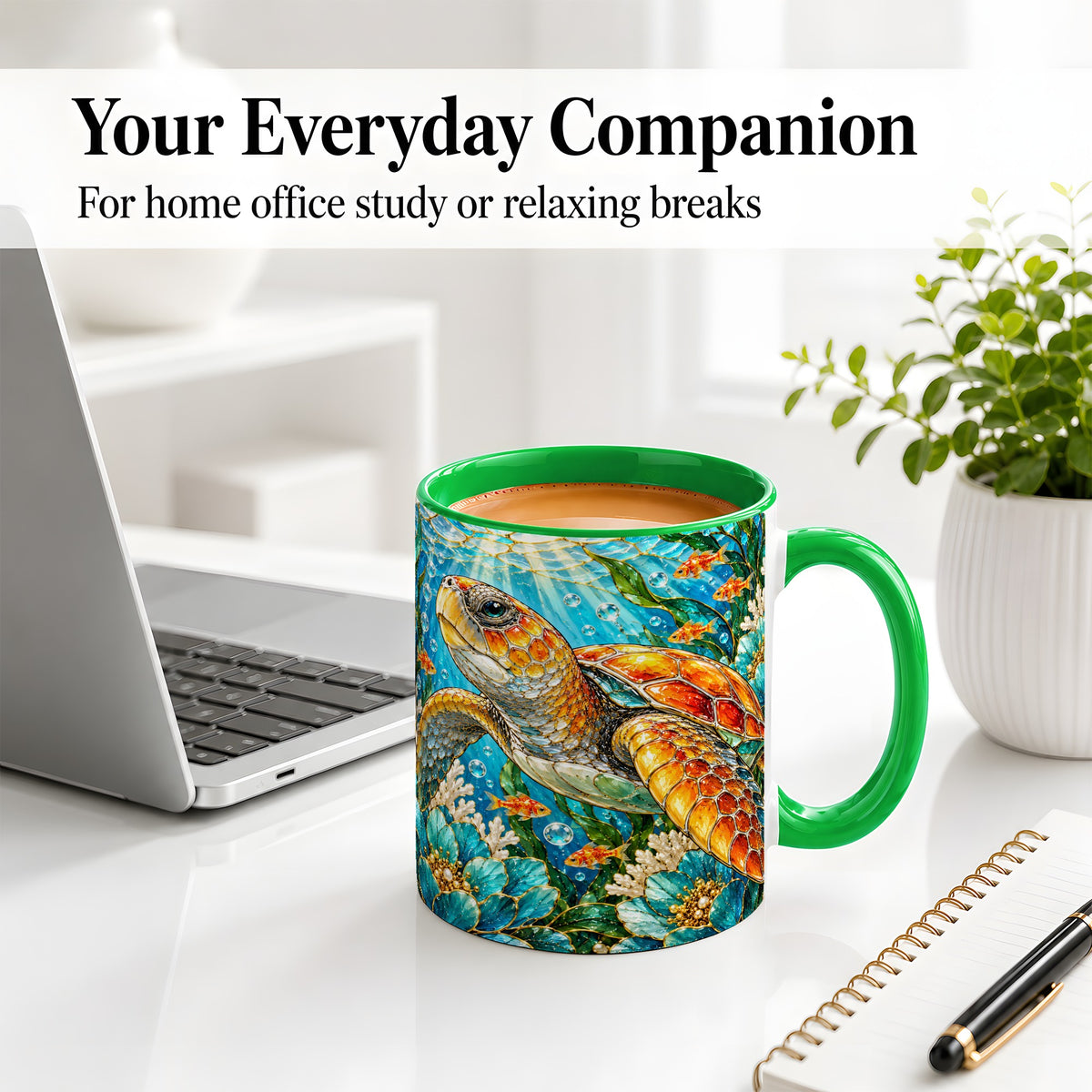 #pl[11oz|Green] Sea Turtle Floral Accent Mug, Ceramic Drinkware for Turtle Lovers