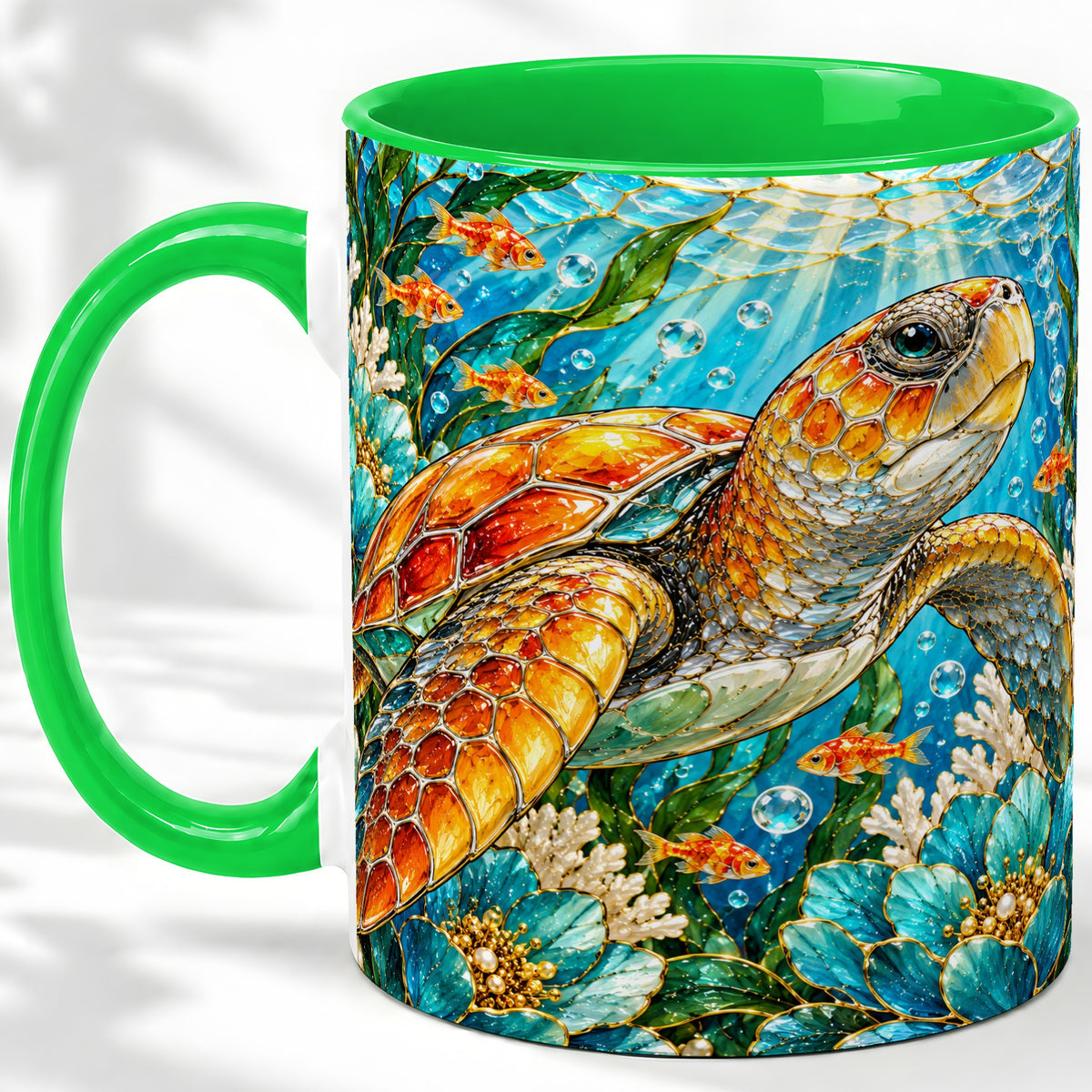 #pl[11oz|Green] Sea Turtle Floral Accent Mug, Ceramic Drinkware for Turtle Lovers