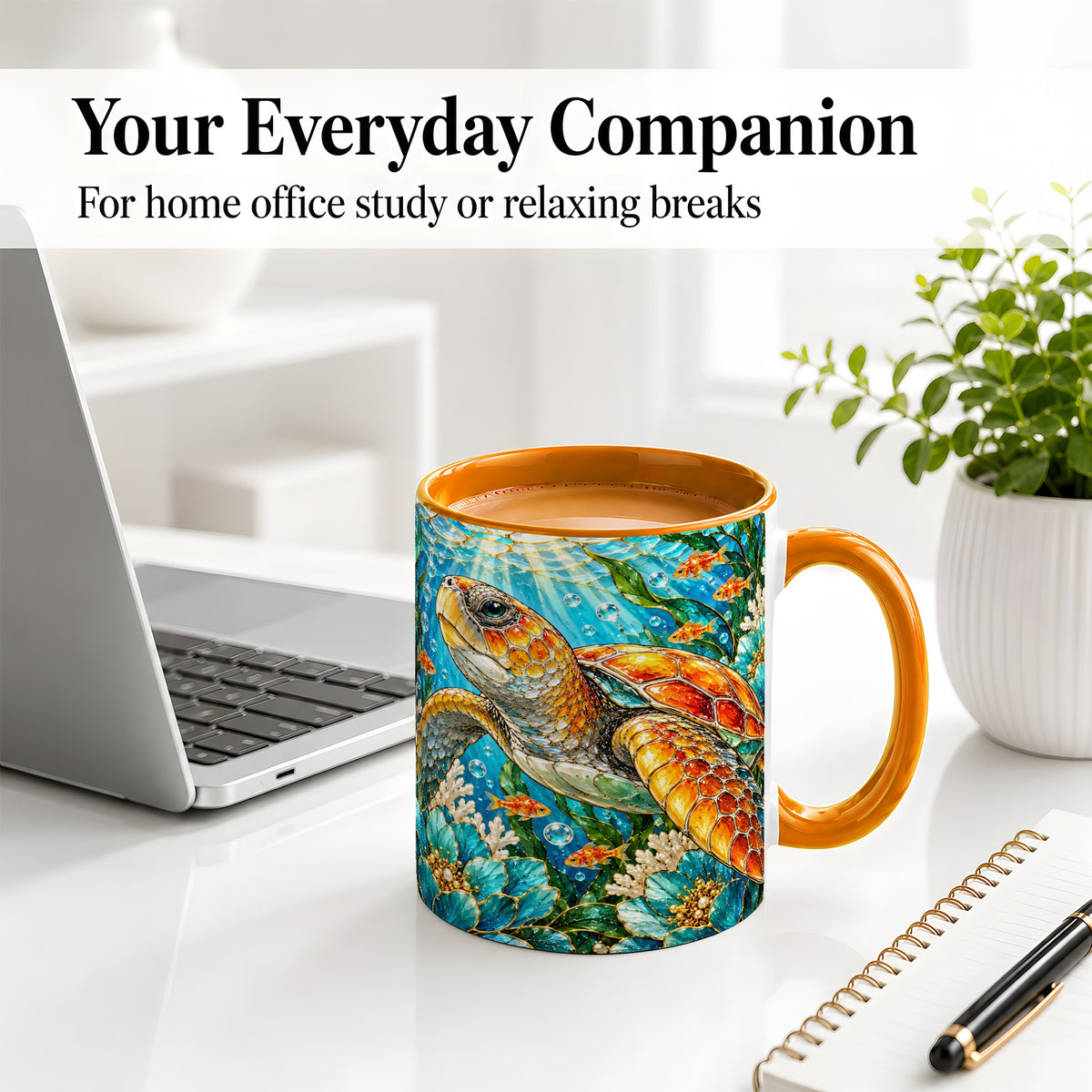#pl[11oz|Orange] Sea Turtle Floral Accent Mug, Ceramic Drinkware for Turtle Lovers